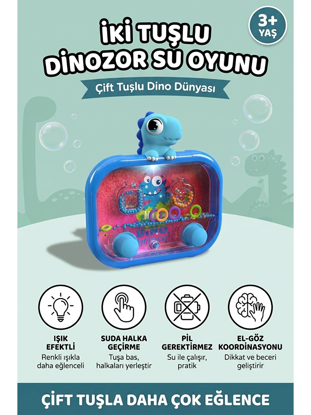 Işıklı Su Oyunu Dinozor Dünyası Suda Halka Geçirme Nostaljik El Atarisi Pilsiz Su İle Çalışan 3+ Yaş-1