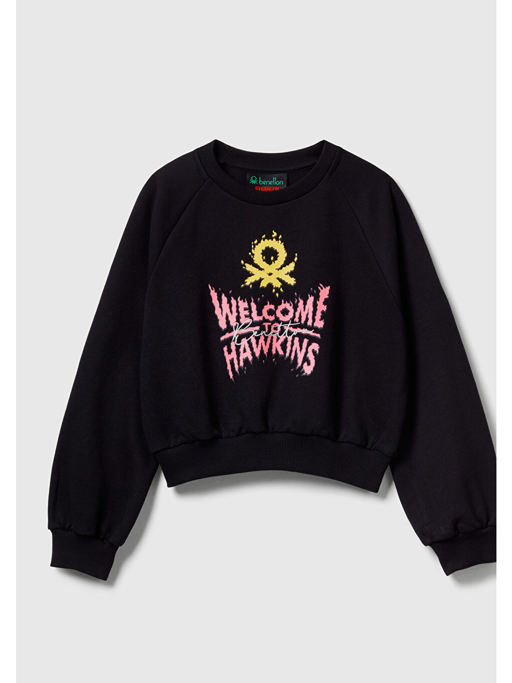 Kız Çocuk Siyah %100 Pamuk Kısa Kesim Stranger Things Ön Baskı Detaylı Ribanalı Sweatshirt