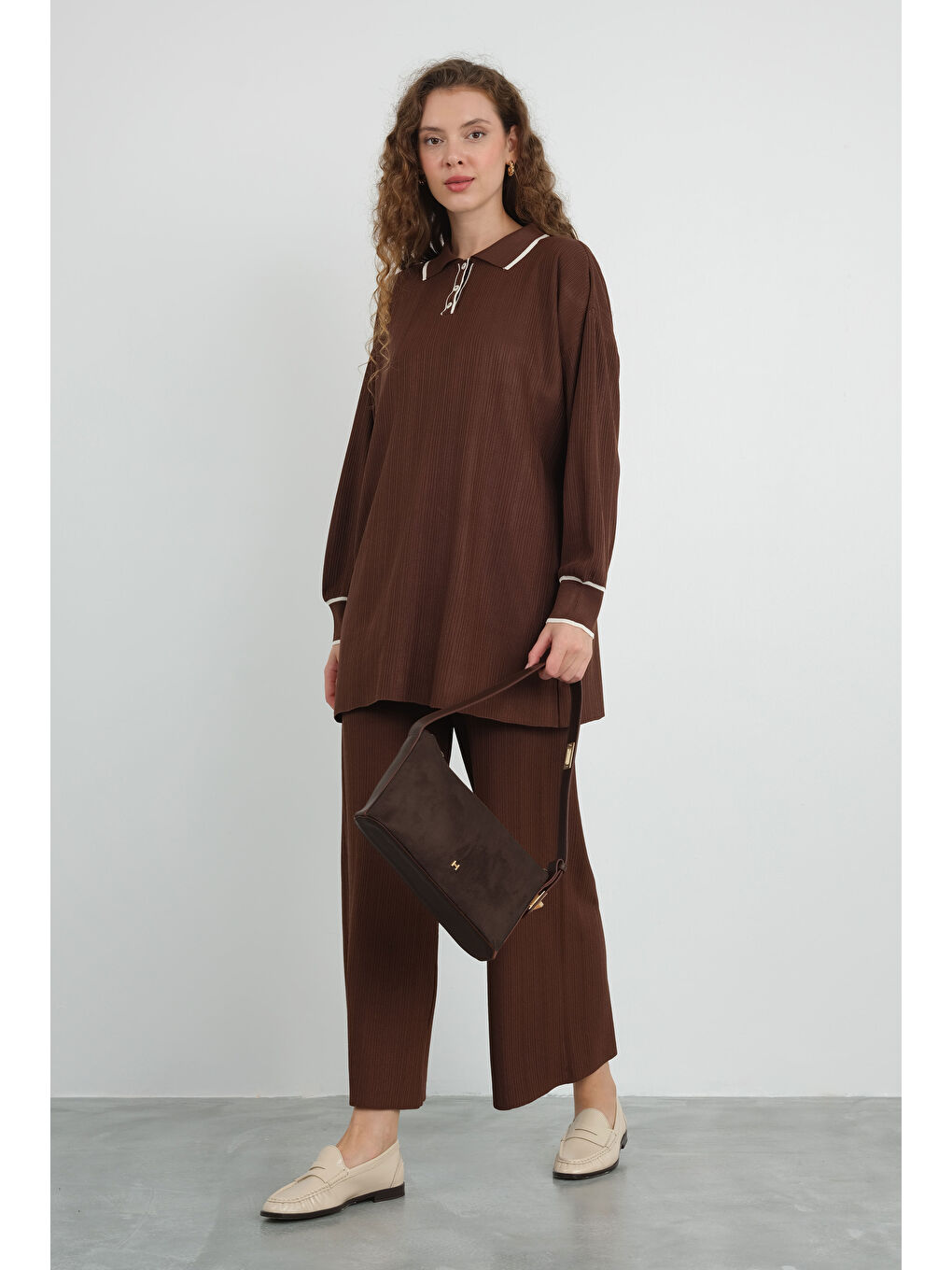 Kahverengi Şerit Detaylı Triko Acı Kahve