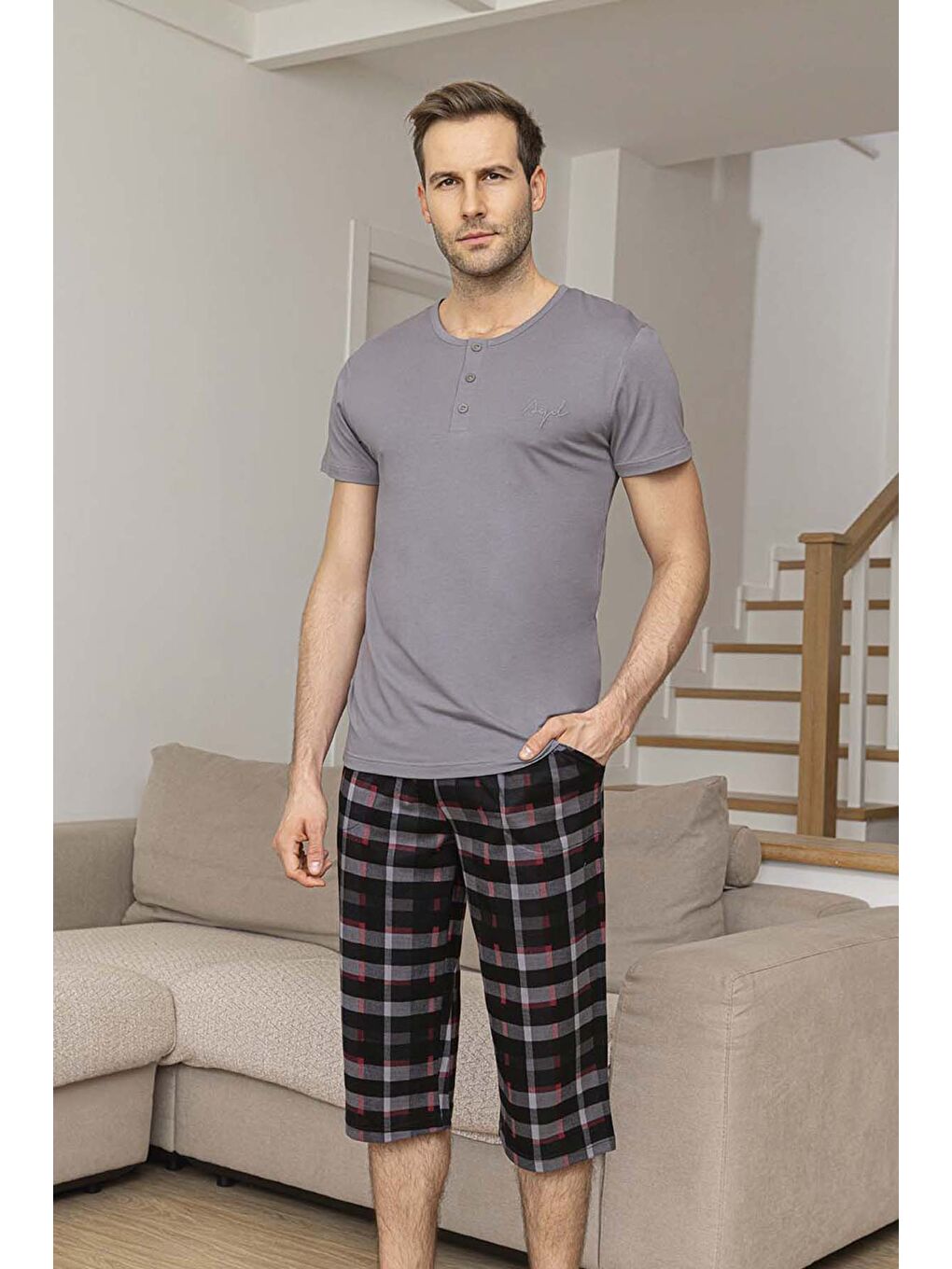 Erkek Kısa Kol Kaprili Modal Pijama Takımı 260026 Gri