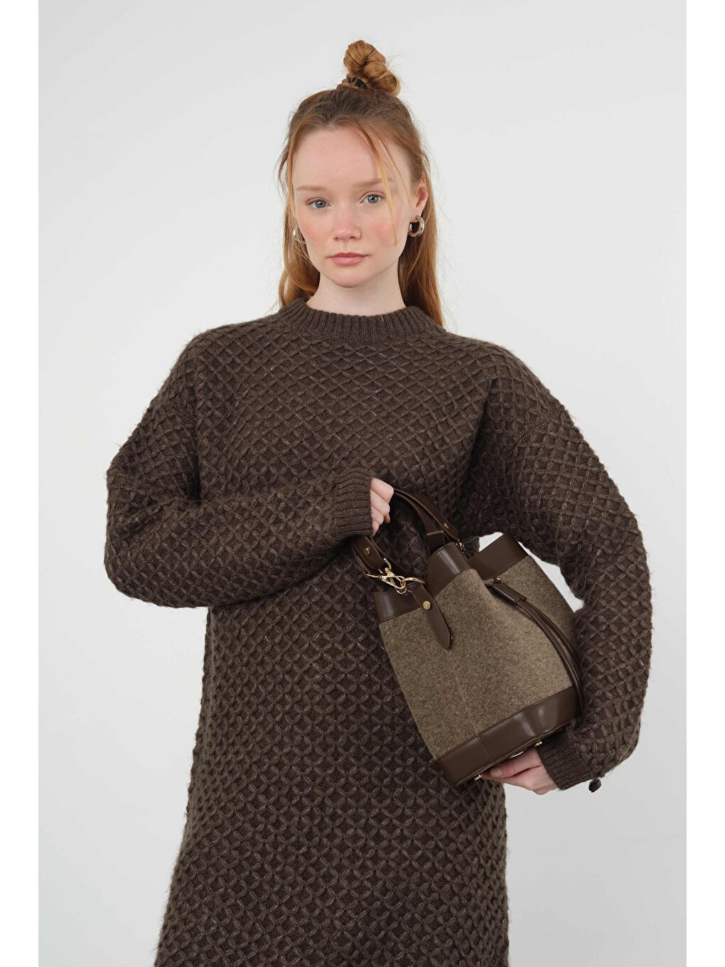 Kahverengi Örümcek Örgülü Kazak Uzun Acı Kahve-3