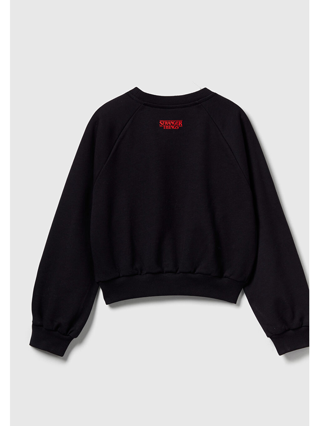 Kız Çocuk Siyah %100 Pamuk Kısa Kesim Stranger Things Ön Baskı Detaylı Ribanalı Sweatshirt-1