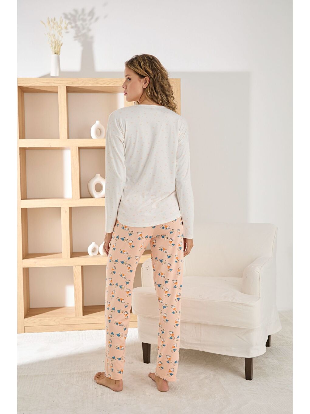 Turuncu Kadın Uzun Kollu Yumuşak Sofya Kumaş Yüksek Kalite Esnek Rahat Pijama Takımı-1