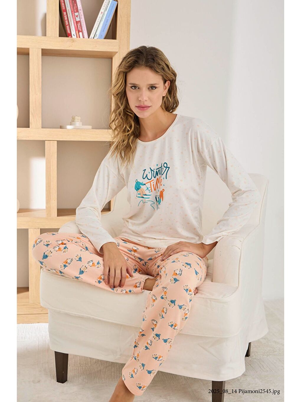 Turuncu Kadın Uzun Kollu Yumuşak Sofya Kumaş Yüksek Kalite Esnek Rahat Pijama Takımı-2