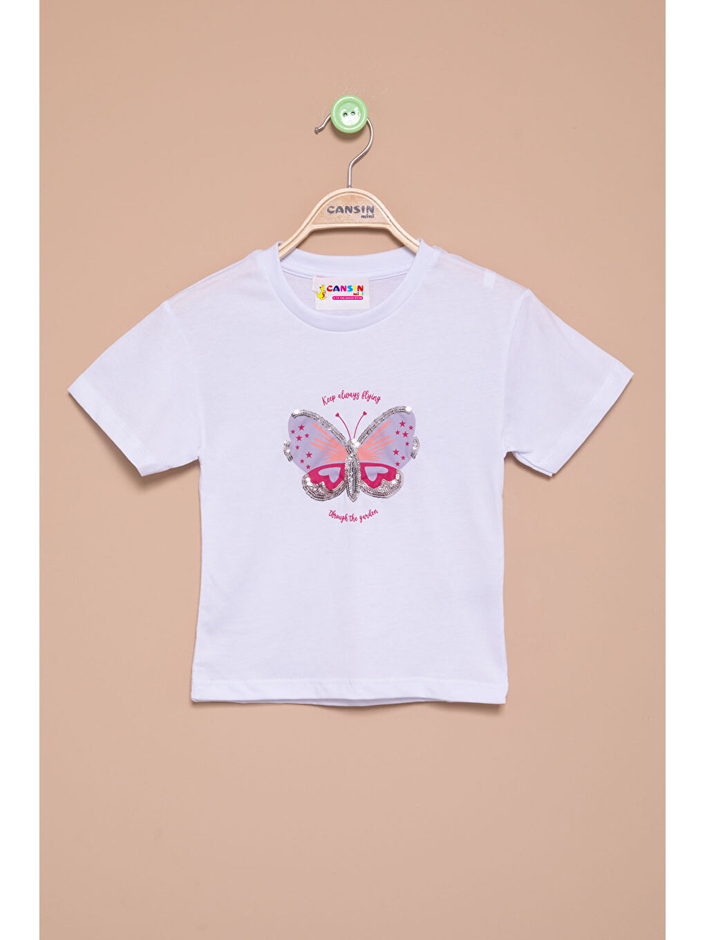 Ekru Kelebek Baskılı Payetli Kız Çocuk Tişört 20997