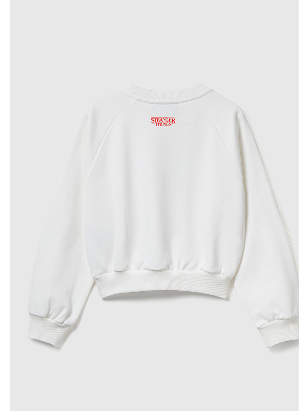 Ekru Kız Çocuk Krem %100 Pamuk Kısa Kesim Stranger Things Ön Baskı Detaylı Ribanalı Sweatshirt-1