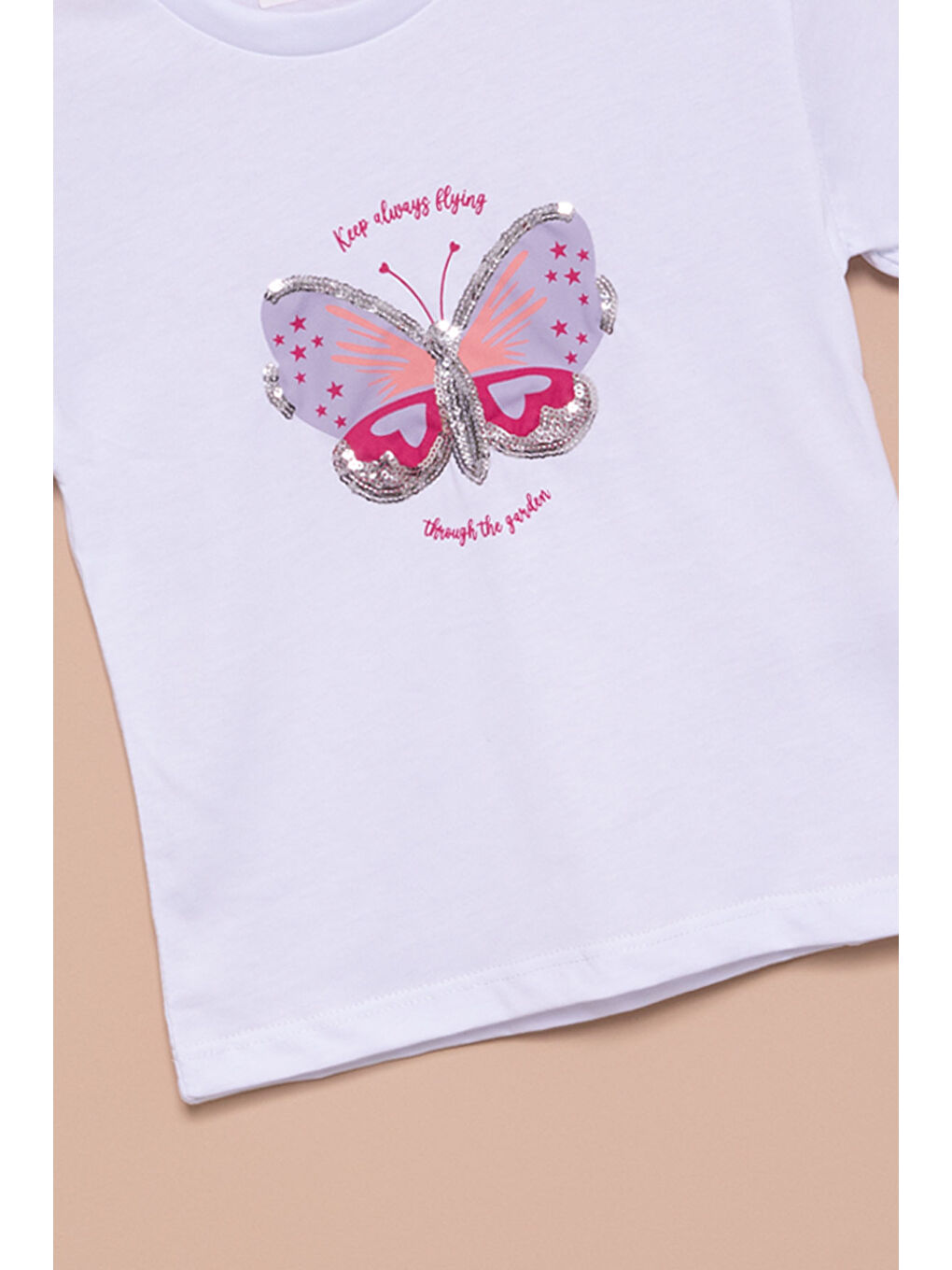 Ekru Kelebek Baskılı Payetli Kız Çocuk Tişört 20997-1