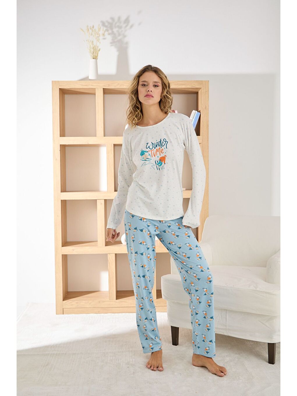 Ekru Kadın Uzun Kollu Yumuşak Sofya Kumaş Yüksek Kalite Esnek Rahat Pijama Takımı