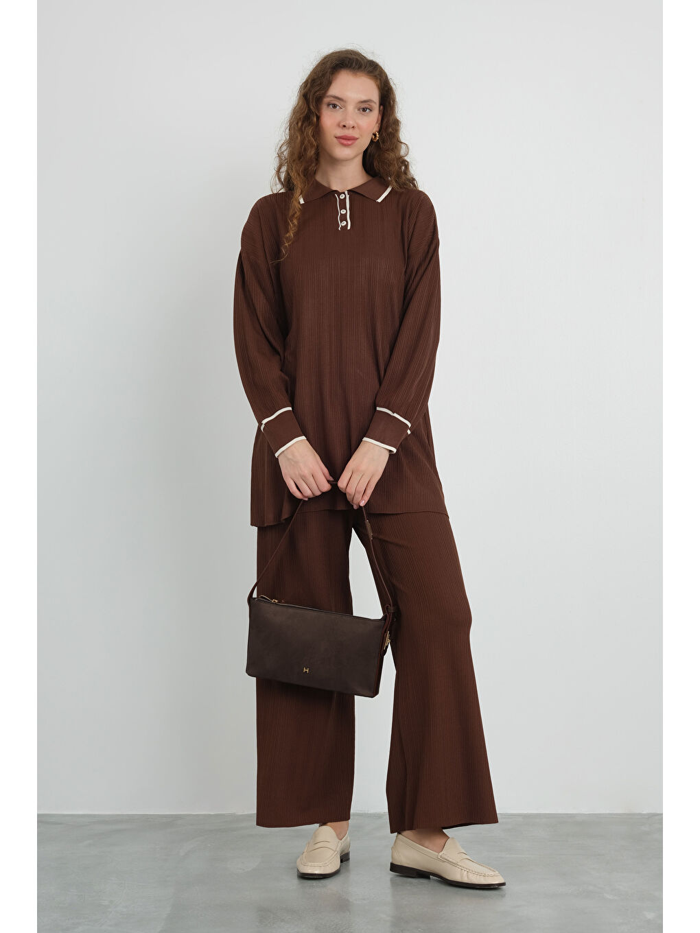 Kahverengi Şerit Detaylı Triko Acı Kahve-1