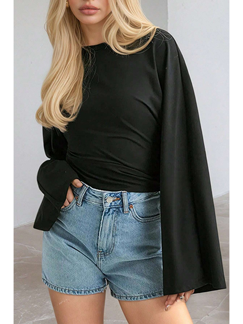 Siyah Kadın Uzun Kollu Belden Oturtmalı Bluz