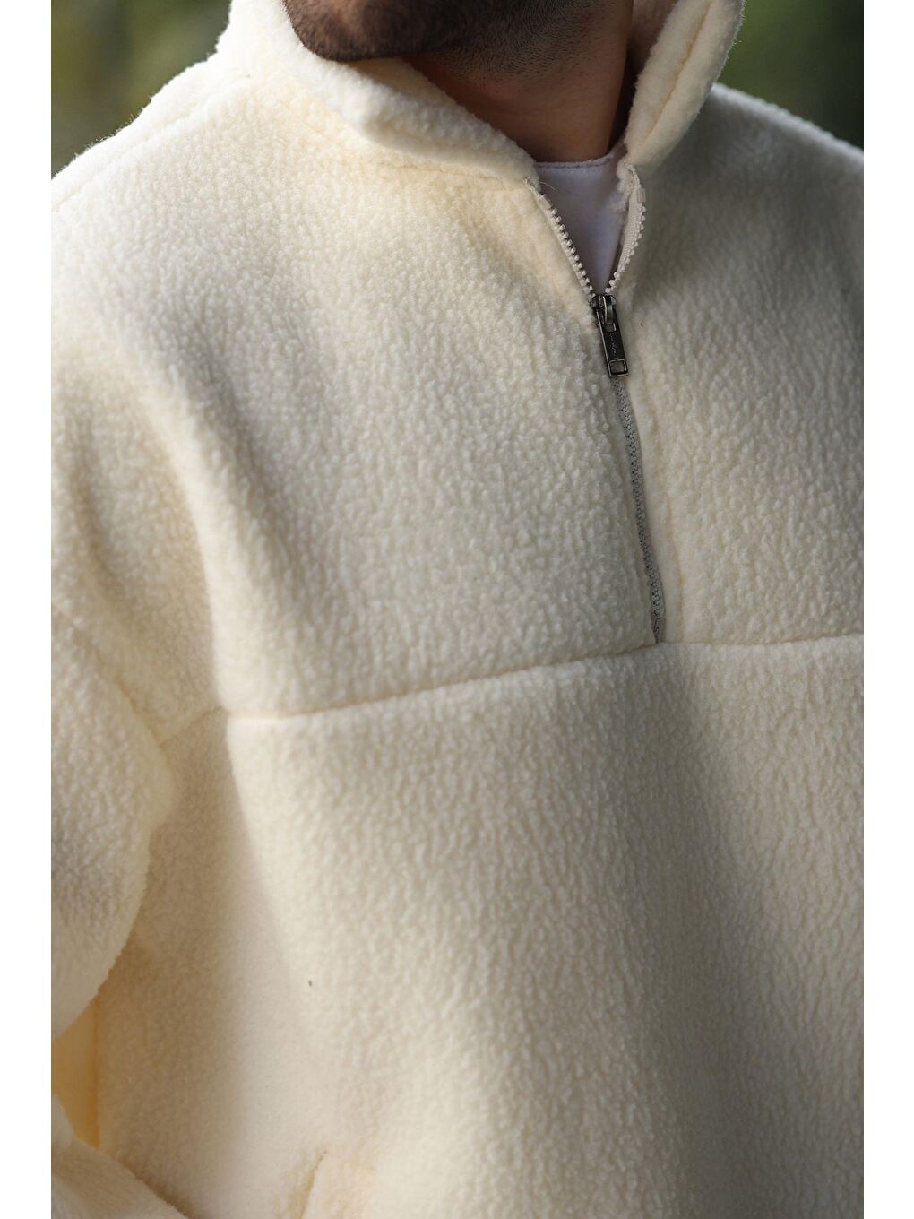 Ekru Yarım Fermuarlı Dik Yaka Polar Sweatshirt E7165-1