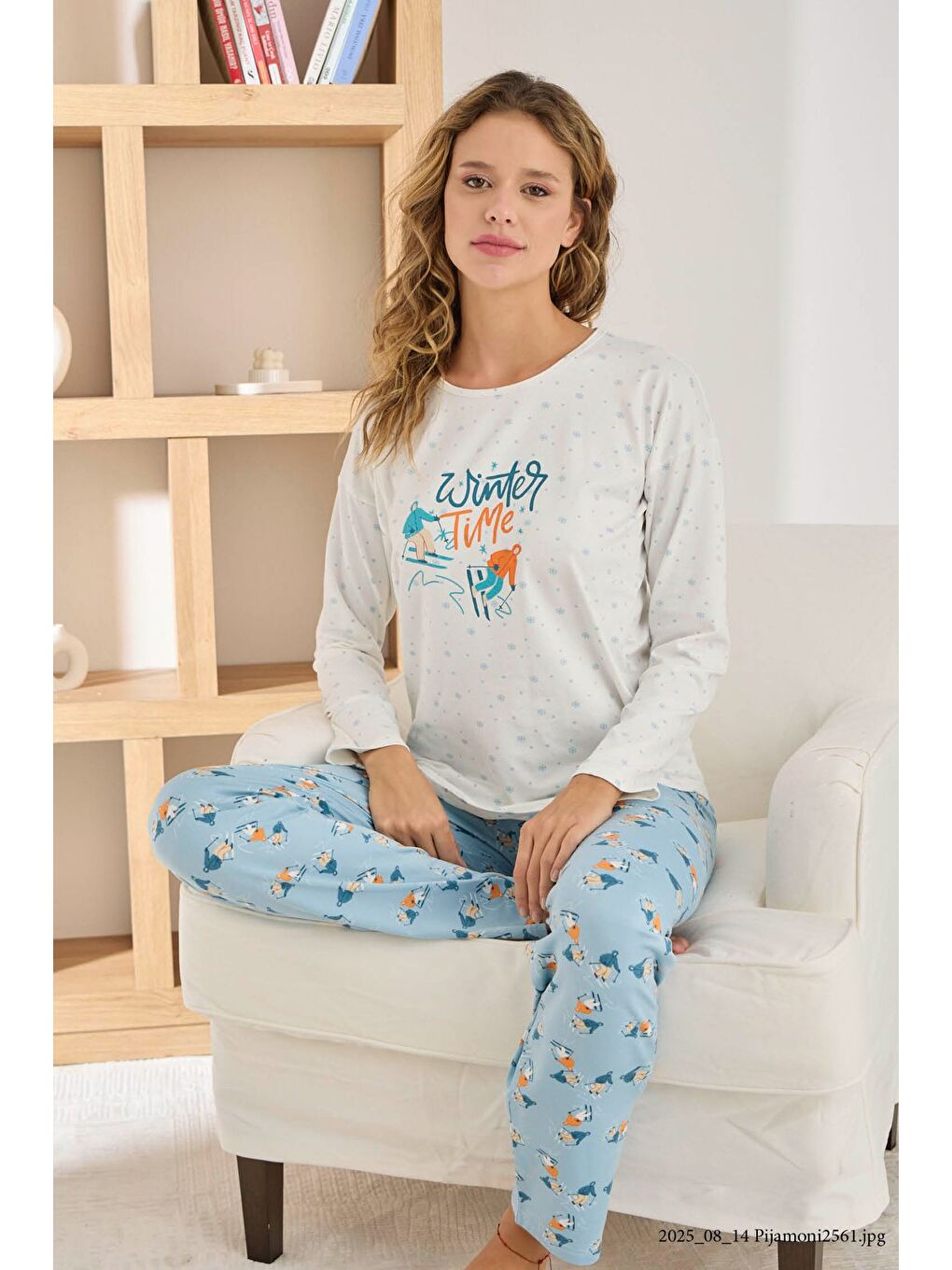 Ekru Kadın Uzun Kollu Yumuşak Sofya Kumaş Yüksek Kalite Esnek Rahat Pijama Takımı-2