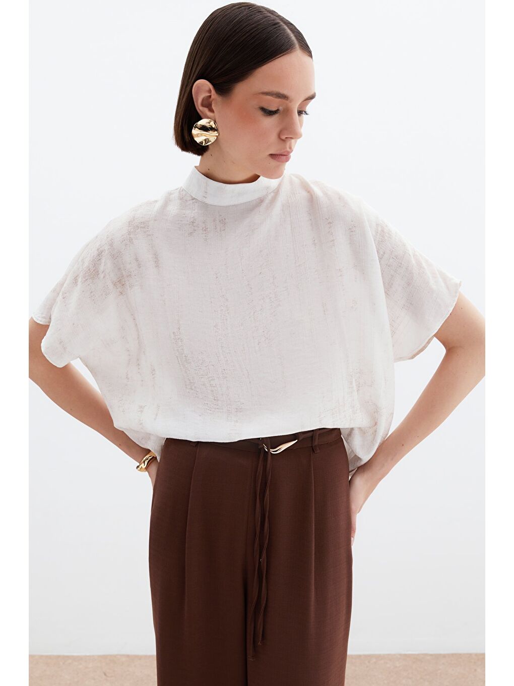 Bej Desenli Salaş Bluz - Taş