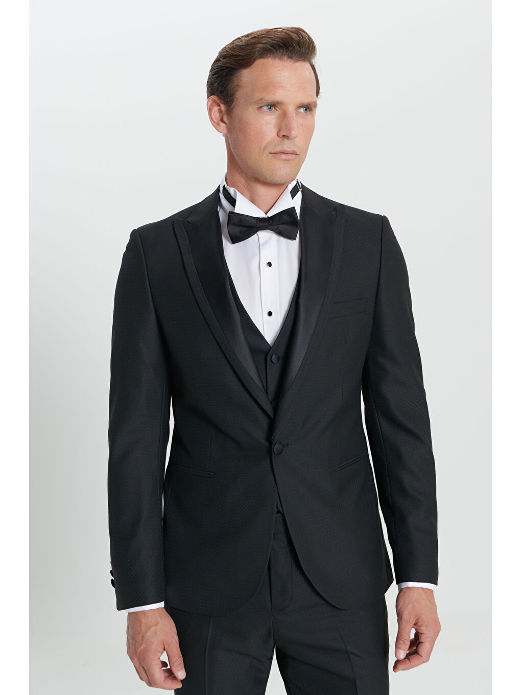 Erkek Siyah Slim Fit Dar Kesim Kırlangıç Yaka Desenli Klasik Smokin Takım-2