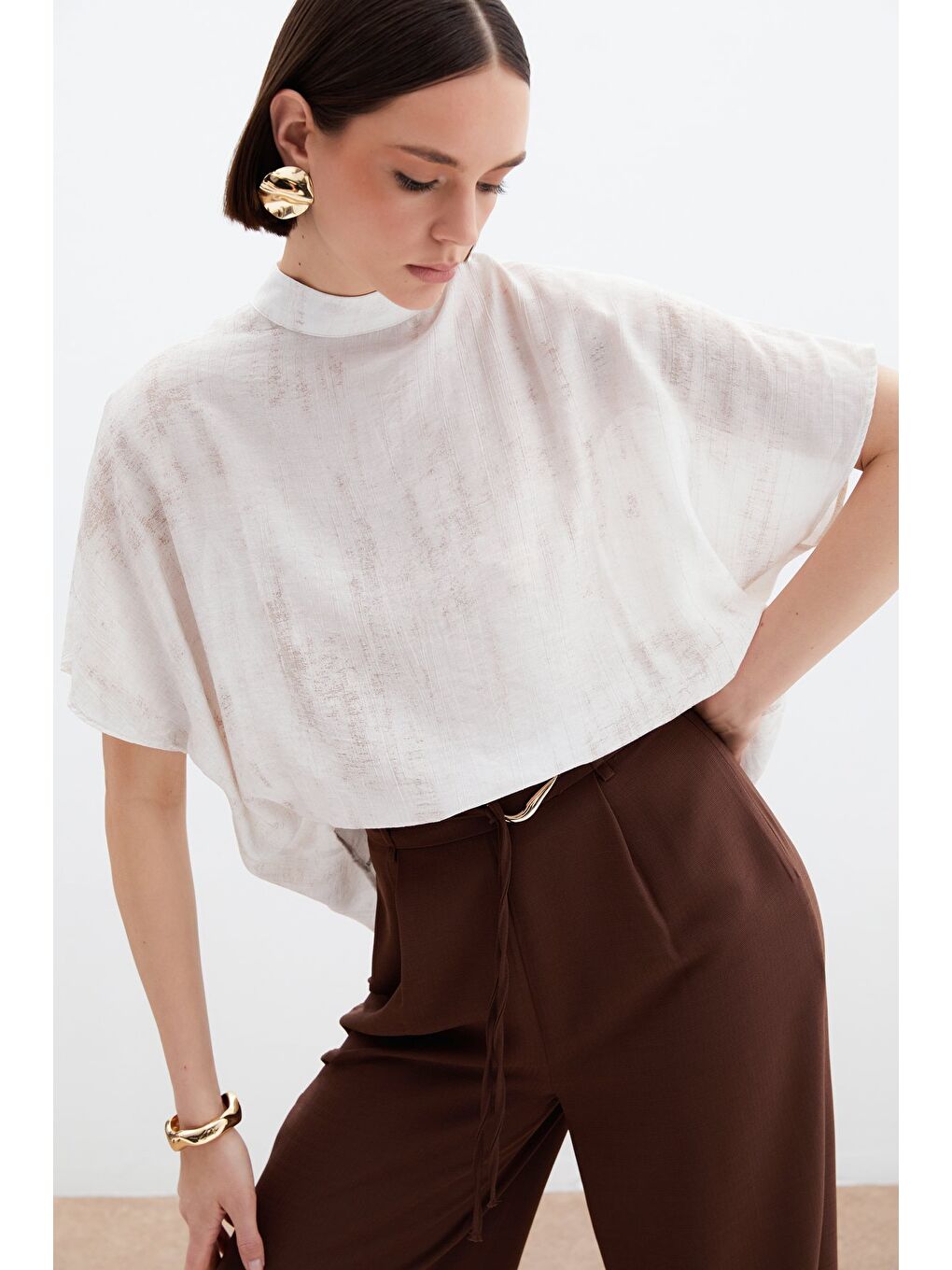 Bej Desenli Salaş Bluz - Taş-3