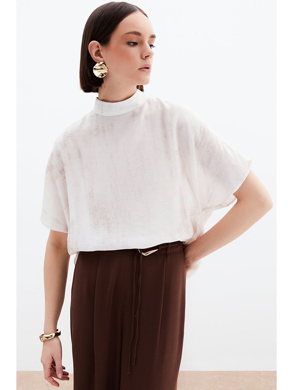 Bej Desenli Salaş Bluz - Taş-4