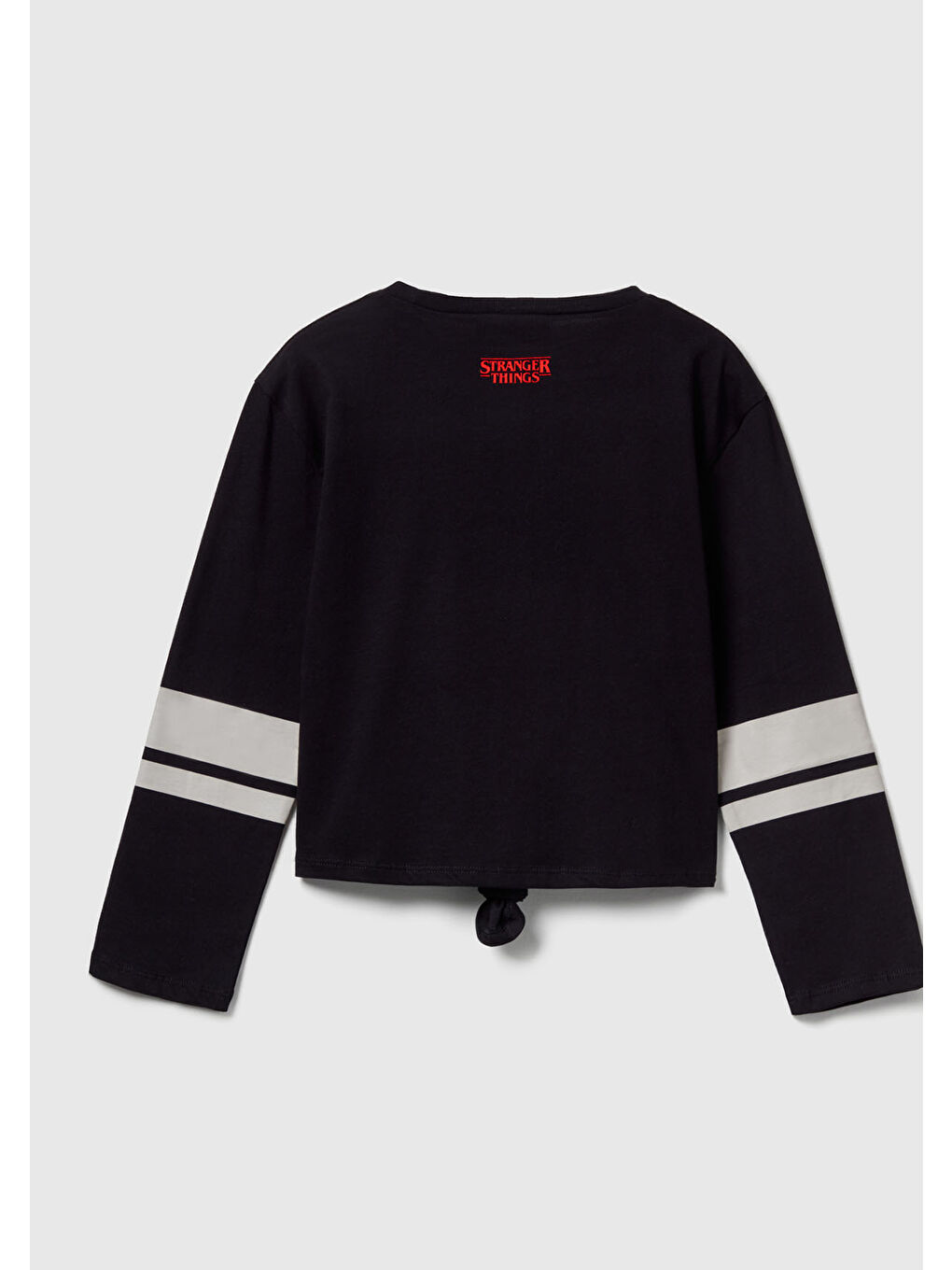 Kız Çocuk Siyah %100 Pamuk Stranger Things Ön Düğüm Detaylı Kol Şerit Baskılı T-Shirt-1