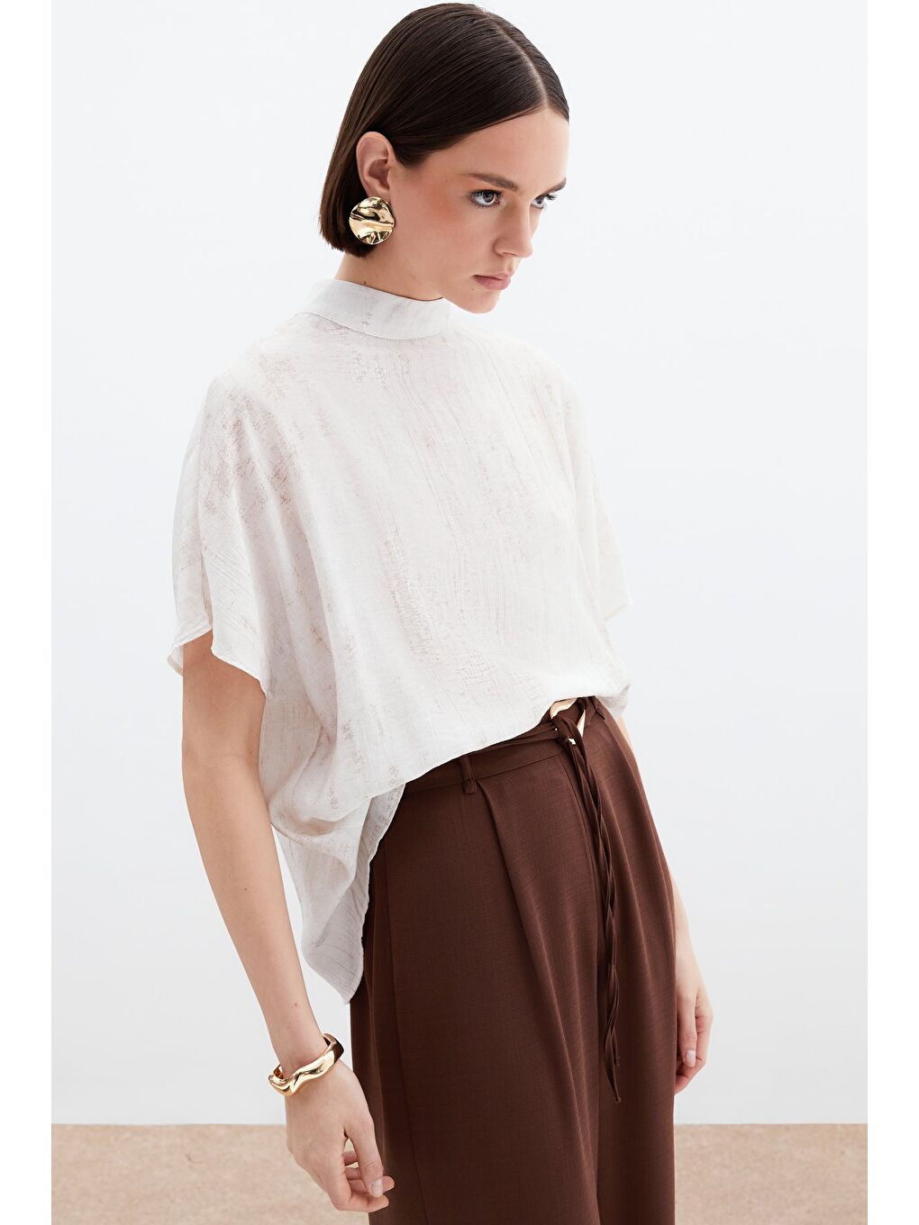 Bej Desenli Salaş Bluz - Taş-5