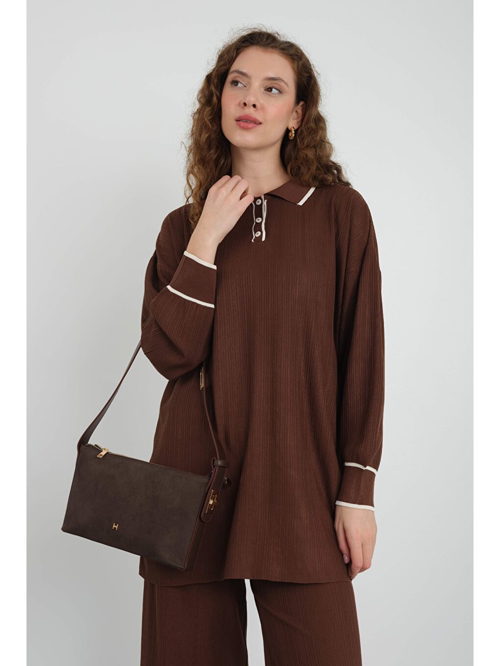 Kahverengi Şerit Detaylı Triko Acı Kahve-3
