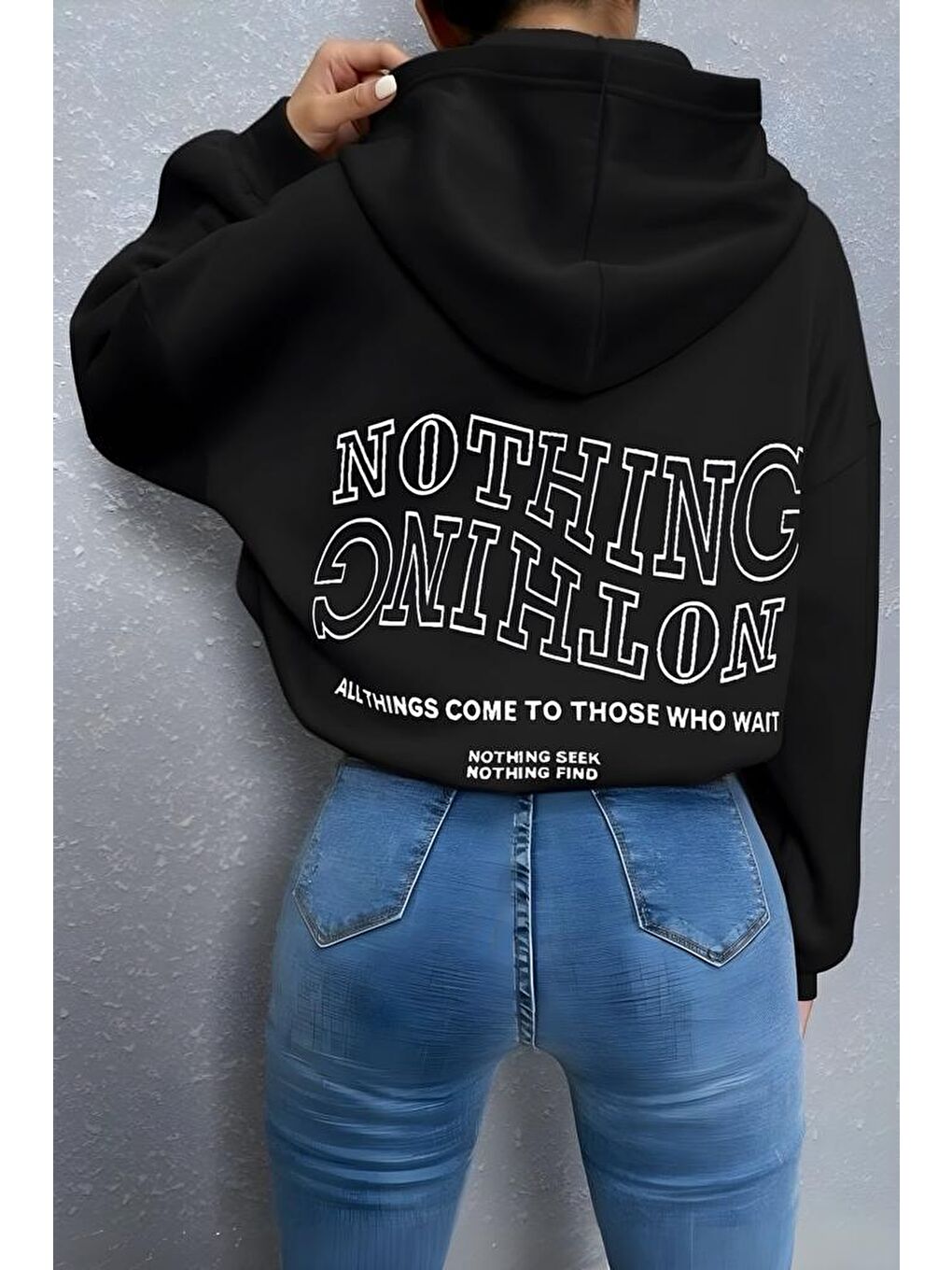 Siyah Nothing Sırt Baskılı Pamuklu Unisex Sweatshirt-2