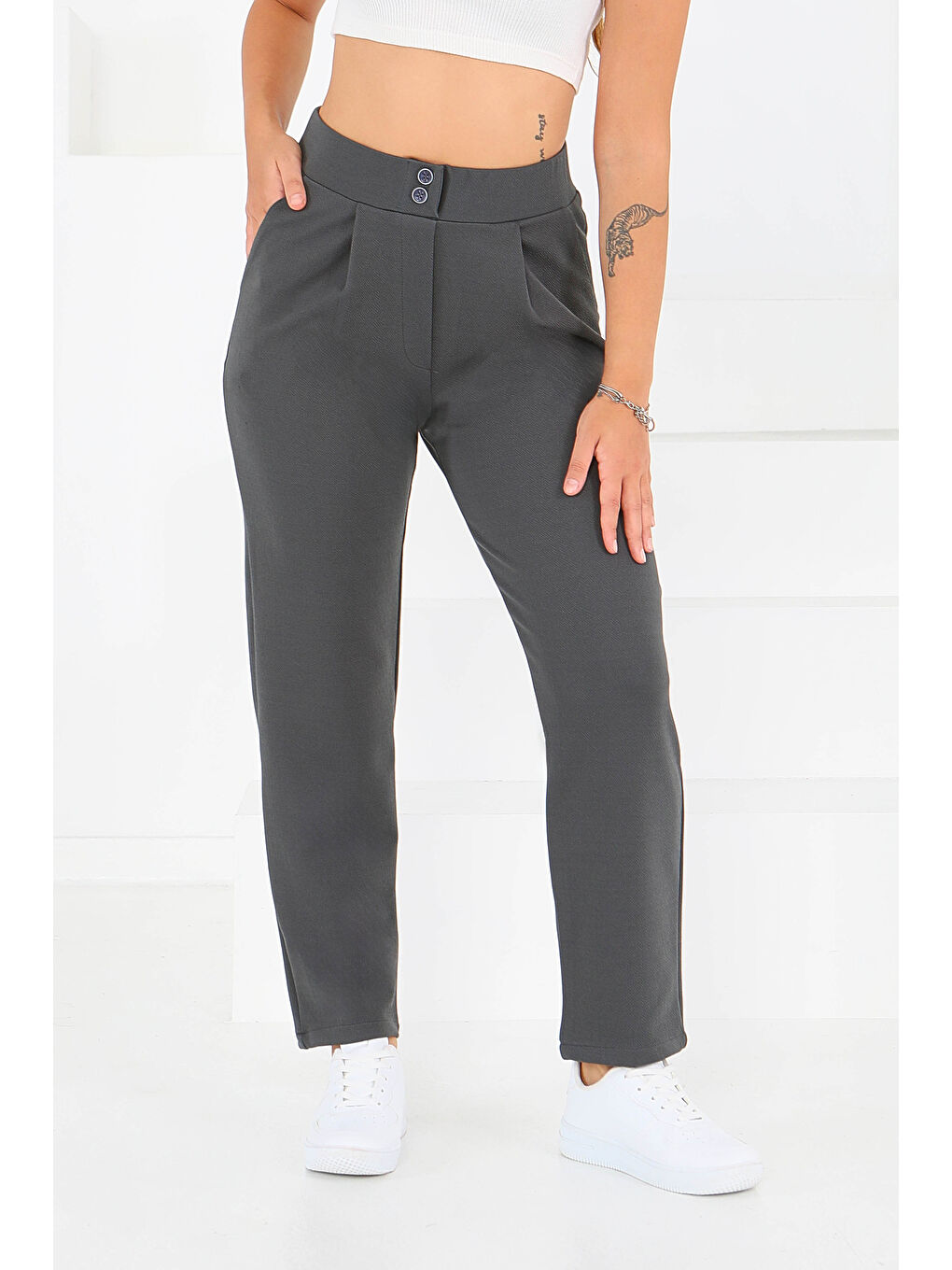 Çift Düğmeli Spor Pantolon Antrasit - 27352