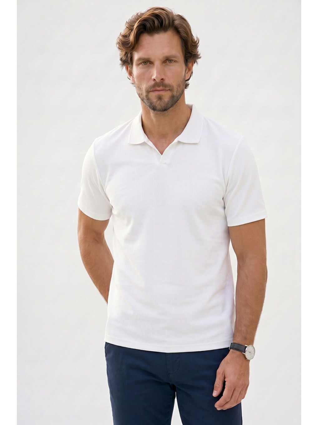 Erkek Slim Fit Dar Kesim Pamuklu Kısa Kollu Çizgili Ekru Polo V Yaka Tişört