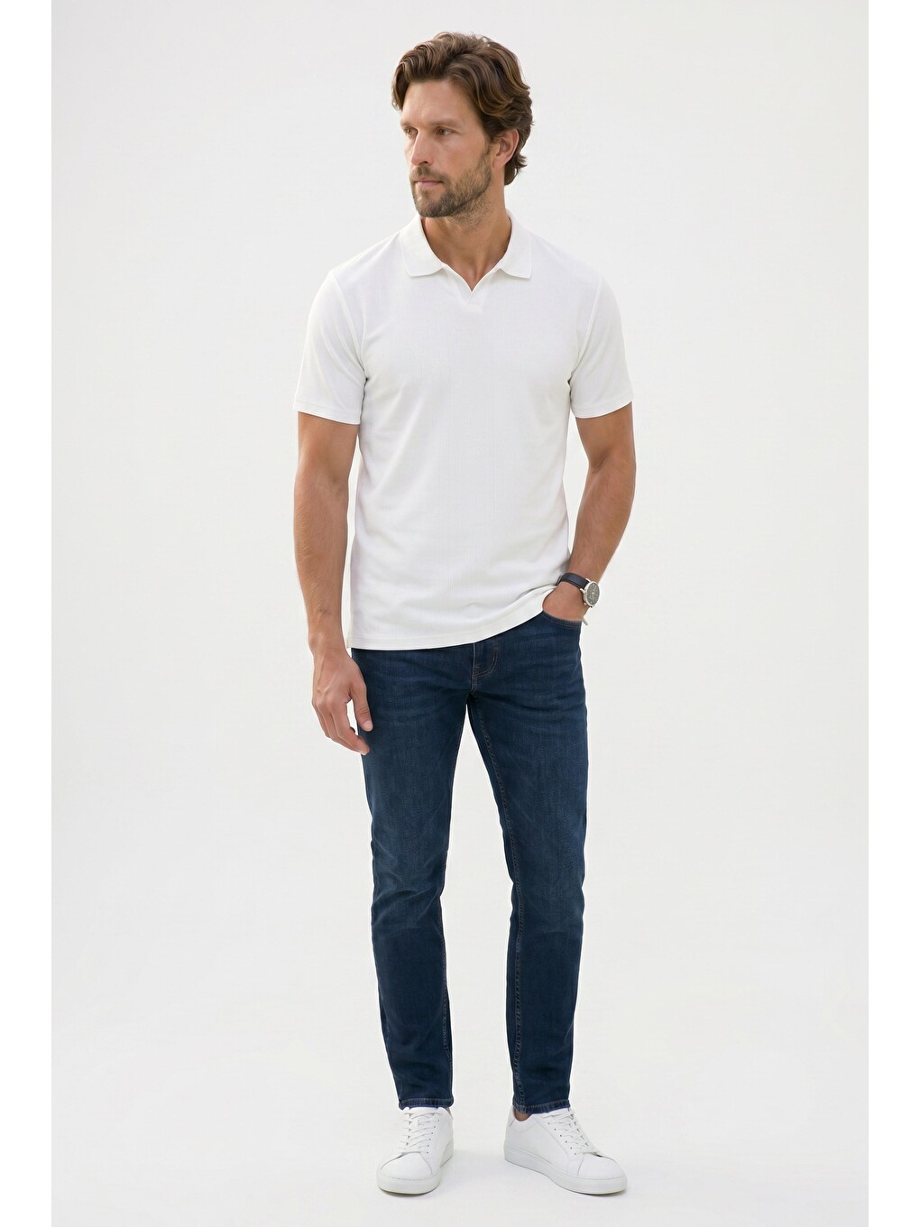 Erkek Slim Fit Dar Kesim Pamuklu Kısa Kollu Çizgili Ekru Polo V Yaka Tişört-1