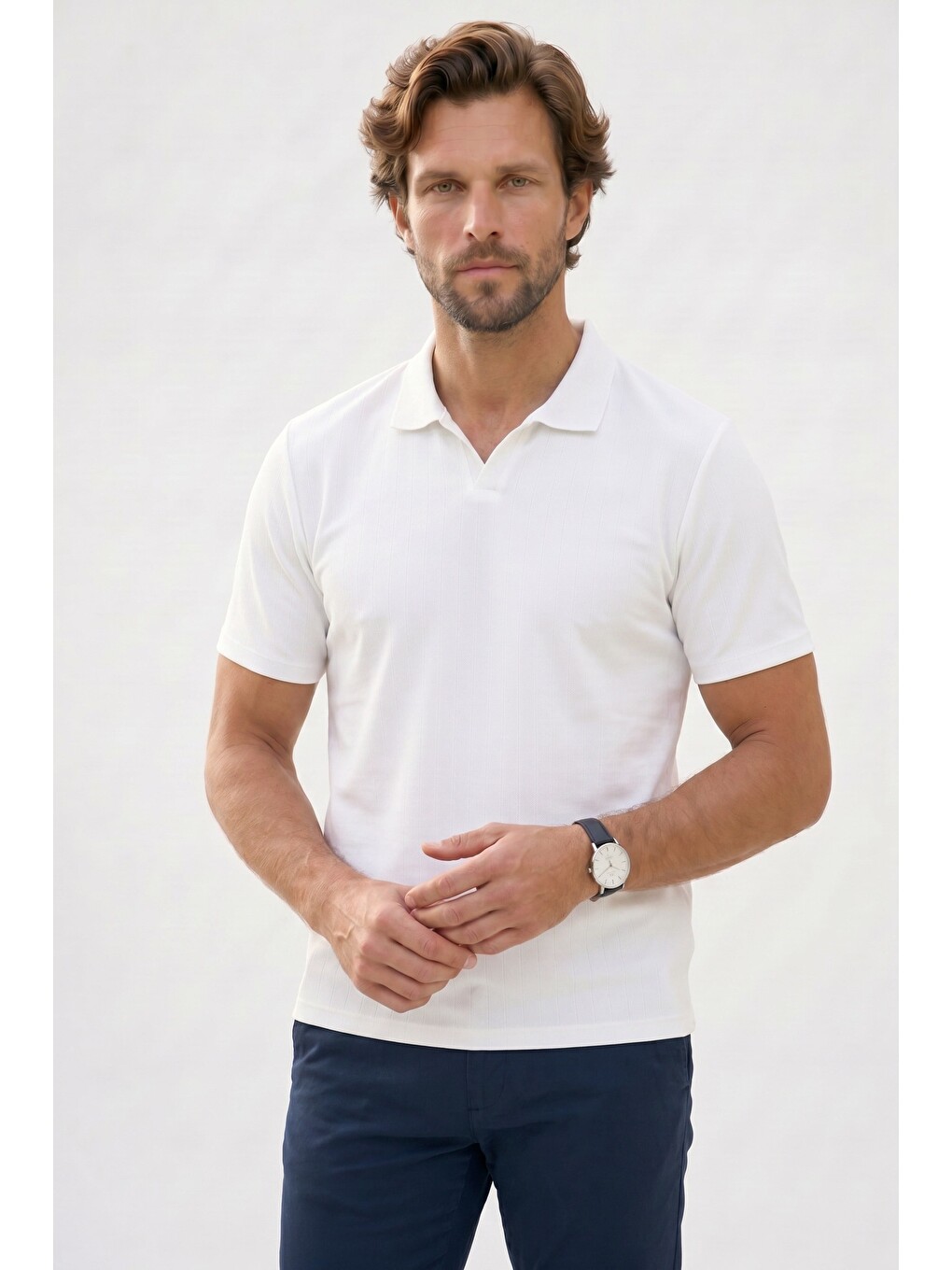 Erkek Slim Fit Dar Kesim Pamuklu Kısa Kollu Çizgili Ekru Polo V Yaka Tişört-2