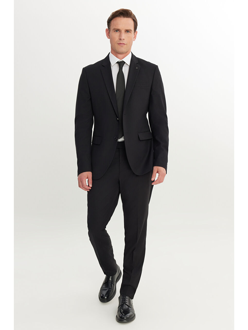 Erkek Siyah Slim Fit Dar Kesim Mono Yaka Armürlü Esnek Takım Elbise-1