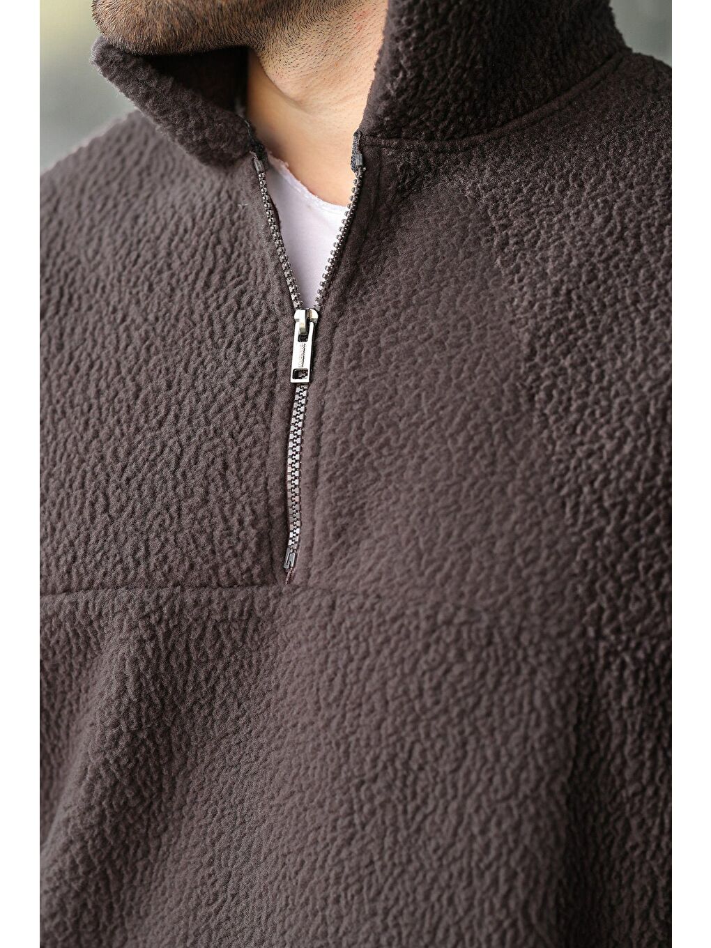 Gri Füme Yarım Fermuarlı Dik Yaka Polar Sweatshirt E7165-1