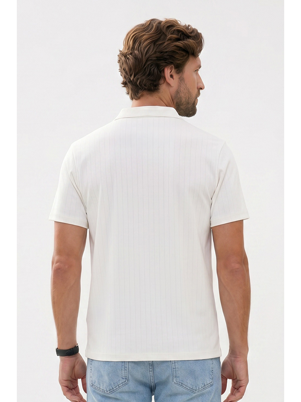 Erkek Slim Fit Dar Kesim Pamuklu Kısa Kollu Çizgili Ekru Polo V Yaka Tişört-5