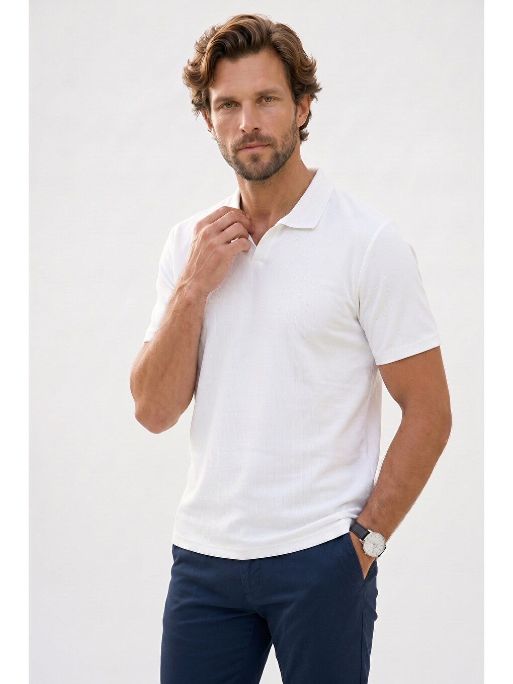 Erkek Slim Fit Dar Kesim Pamuklu Kısa Kollu Çizgili Ekru Polo V Yaka Tişört-6