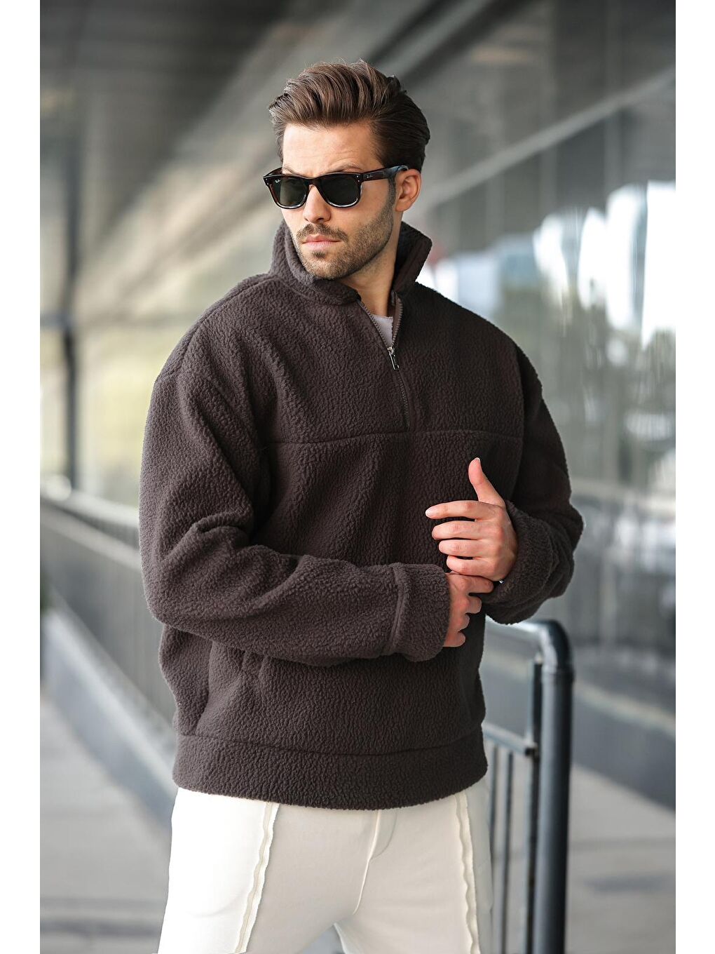 Gri Füme Yarım Fermuarlı Dik Yaka Polar Sweatshirt E7165-2