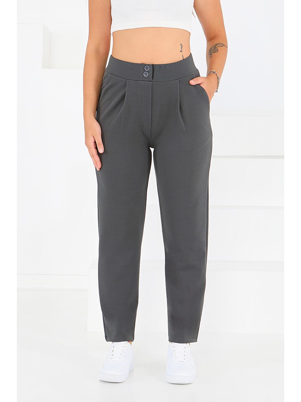 Çift Düğmeli Spor Pantolon Antrasit - 27352-2