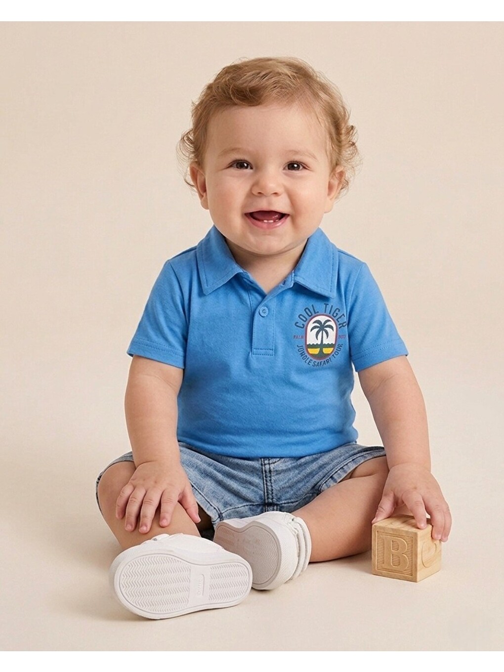 Mavi Erkek Bebek Yazlık Jean Şortlu Baskılı Polo Yaka T-shirtli 2'li Takım-1