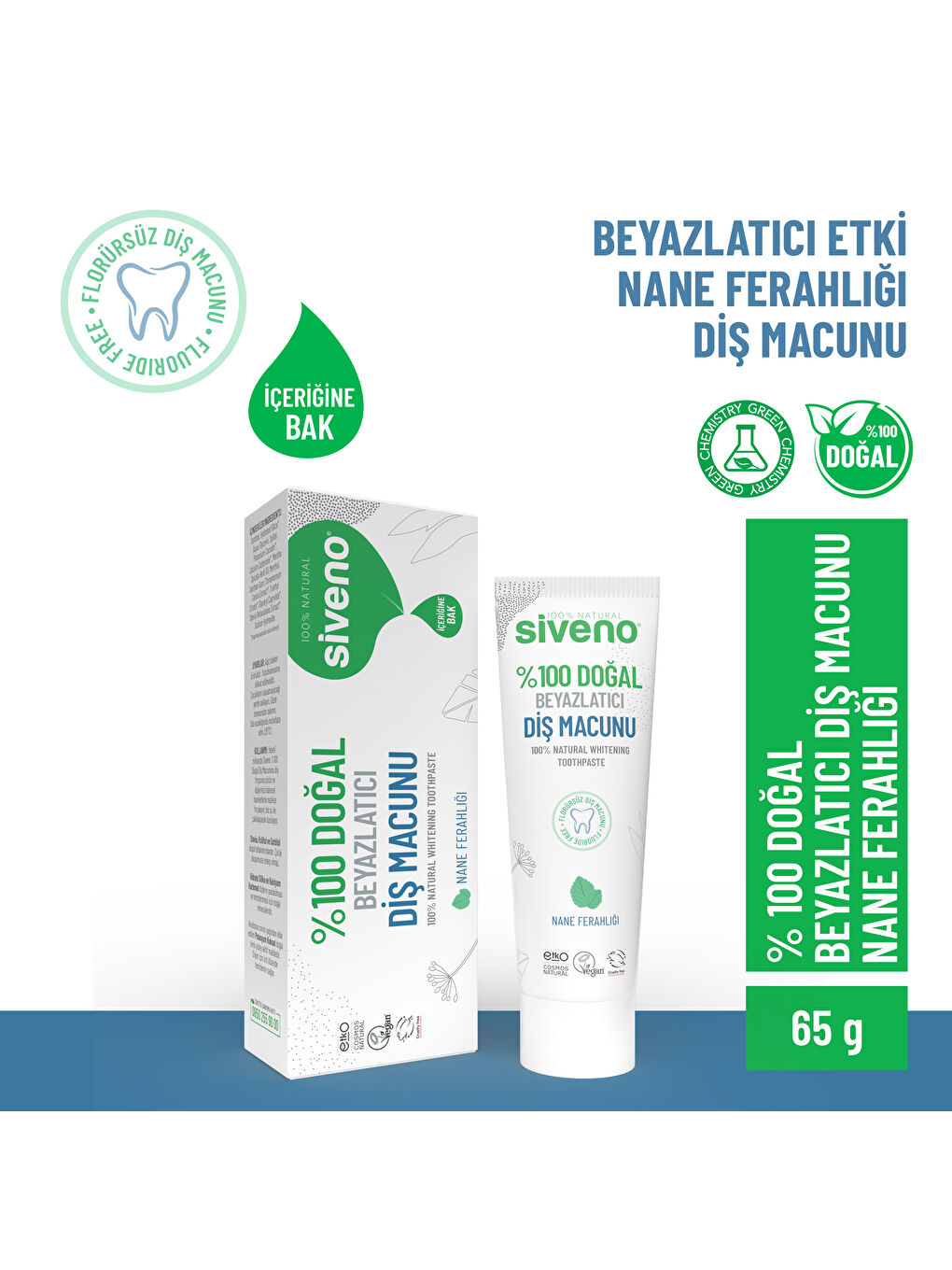 Siveno %100 Doğal Diş Macunu Beyazlatıcı Nane Ferahlığı Florürsüz 65 Gr