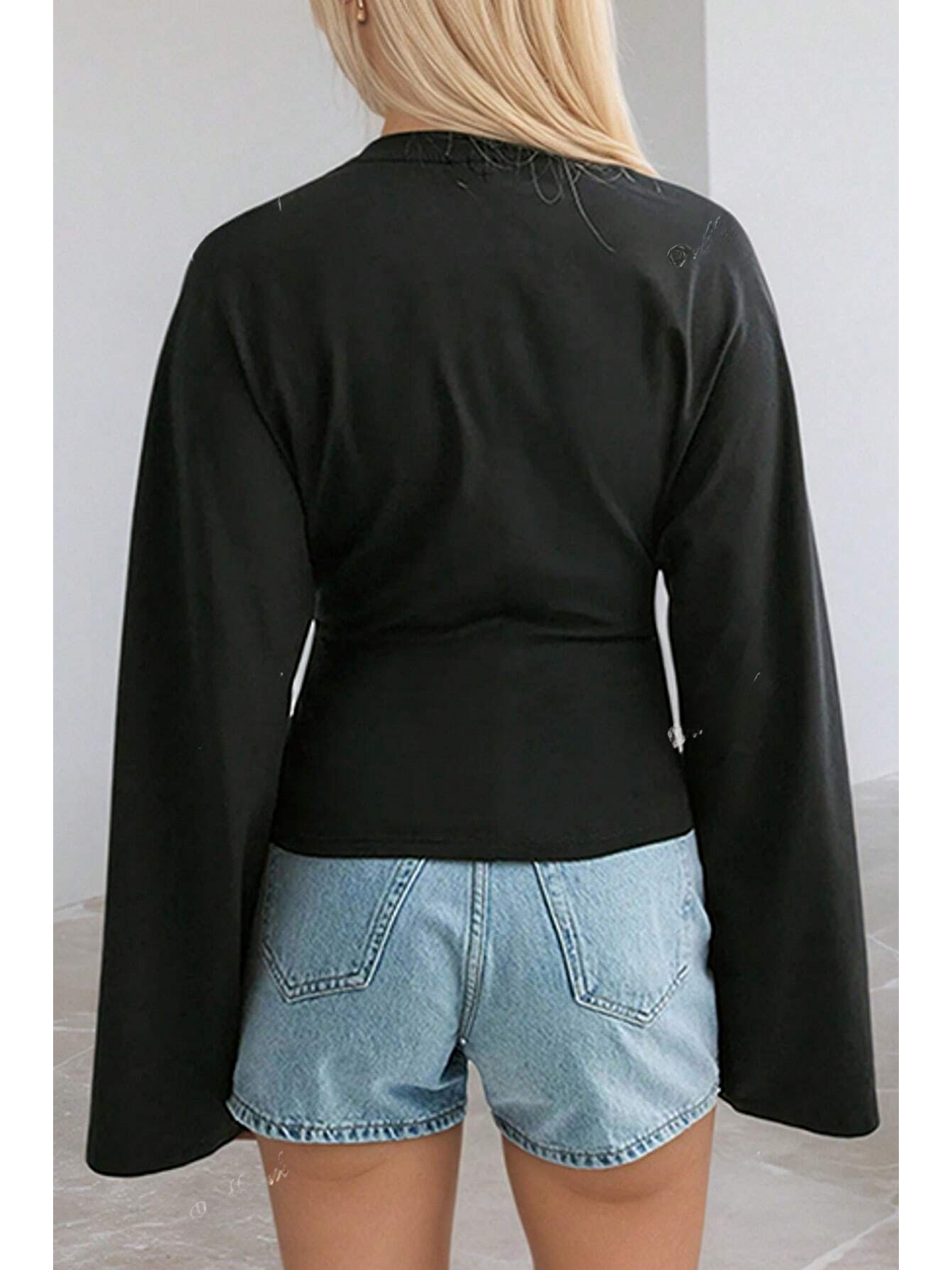 Siyah Kadın Uzun Kollu Belden Oturtmalı Bluz-4