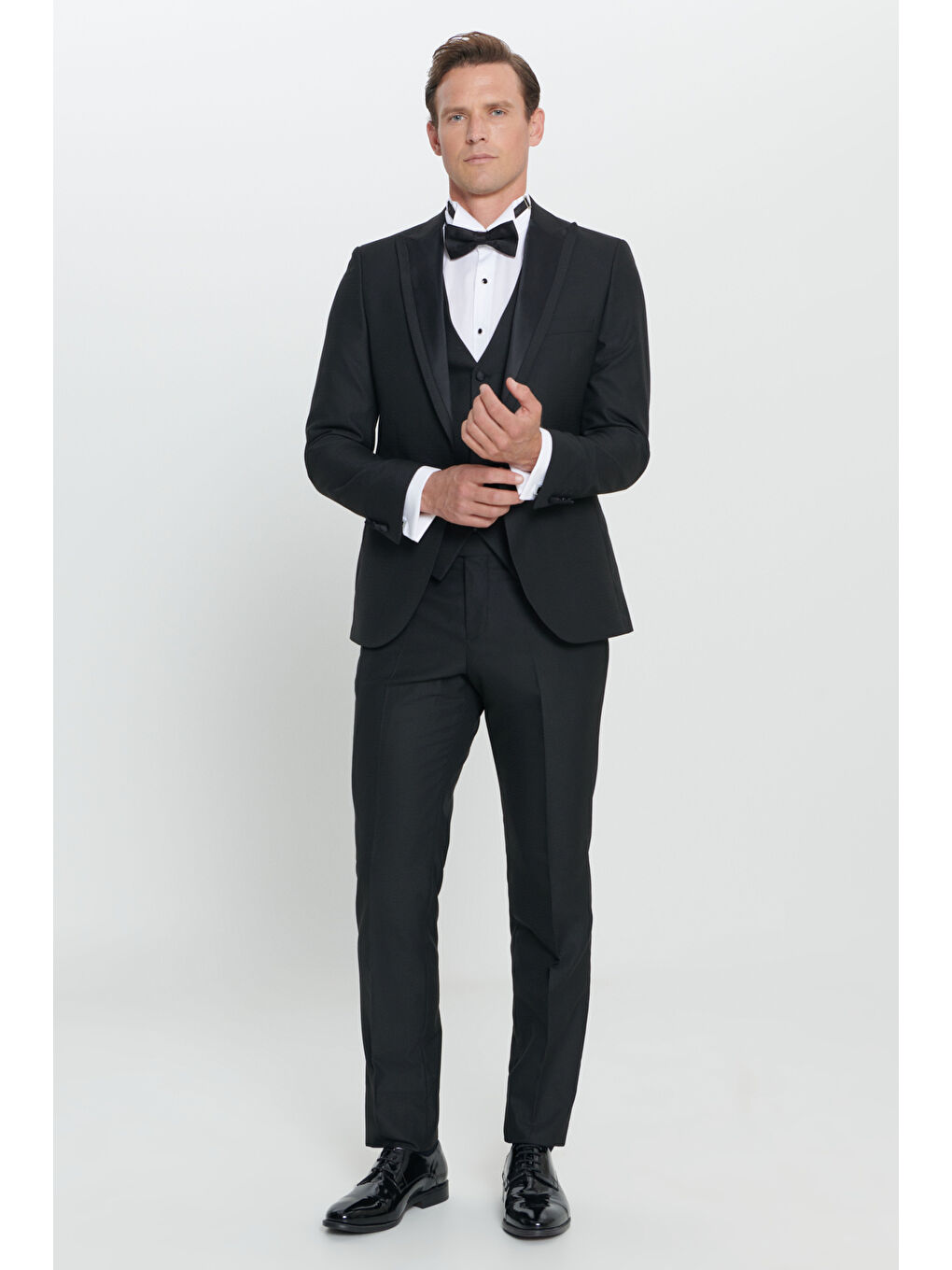 Erkek Siyah Slim Fit Dar Kesim Kırlangıç Yaka Desenli Klasik Smokin Takım-7