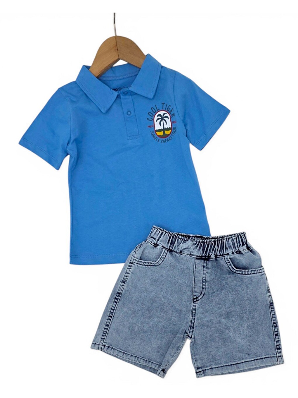 Mavi Erkek Bebek Yazlık Jean Şortlu Baskılı Polo Yaka T-shirtli 2'li Takım-2