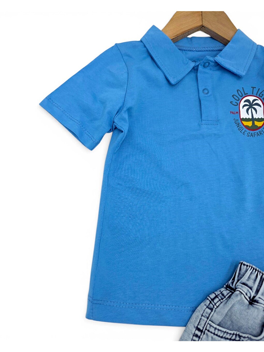 Mavi Erkek Bebek Yazlık Jean Şortlu Baskılı Polo Yaka T-shirtli 2'li Takım-3