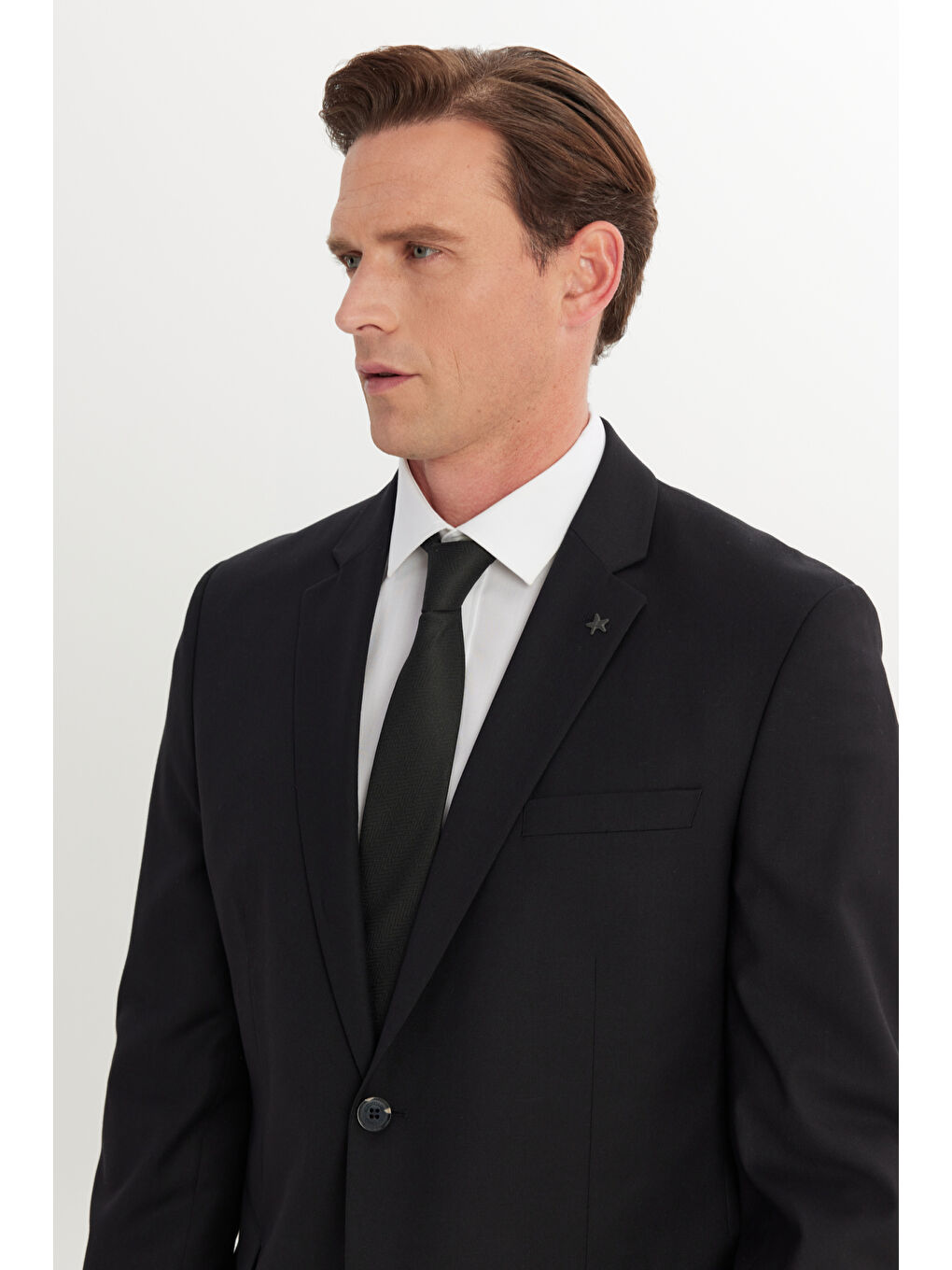 Erkek Siyah Slim Fit Dar Kesim Mono Yaka Armürlü Esnek Takım Elbise-4