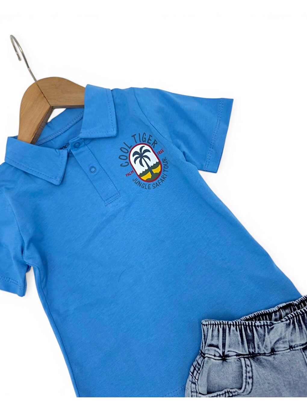 Mavi Erkek Bebek Yazlık Jean Şortlu Baskılı Polo Yaka T-shirtli 2'li Takım-4