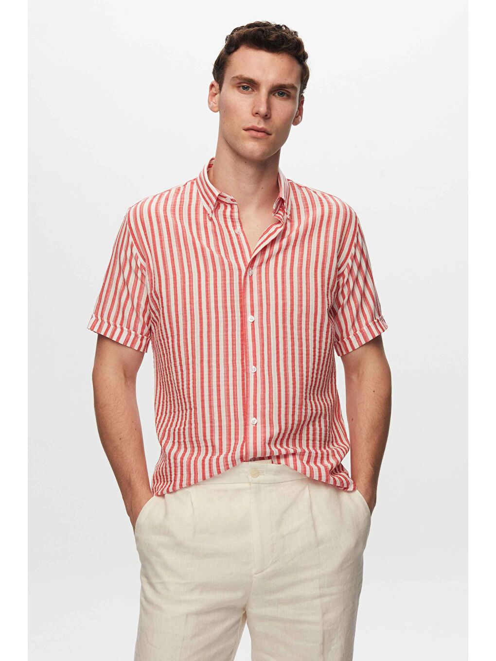 Slim Fit Kırmızı Gofre Çizgili Kısa Kollu Yazlık Gömlek-1