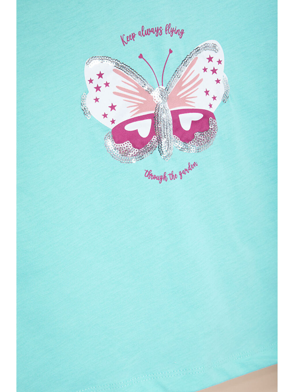 Turkuaz Su Yeşili Kelebek Baskılı Payetli Kız Çocuk Tişört 20996-1