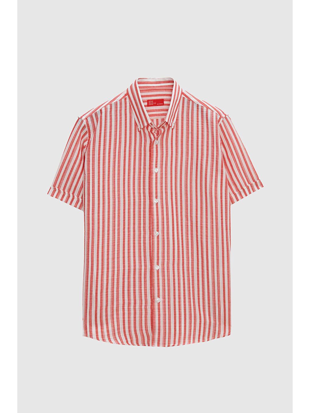Slim Fit Kırmızı Gofre Çizgili Kısa Kollu Yazlık Gömlek-4