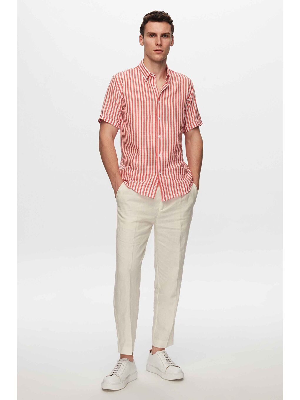 Slim Fit Kırmızı Gofre Çizgili Kısa Kollu Yazlık Gömlek-5