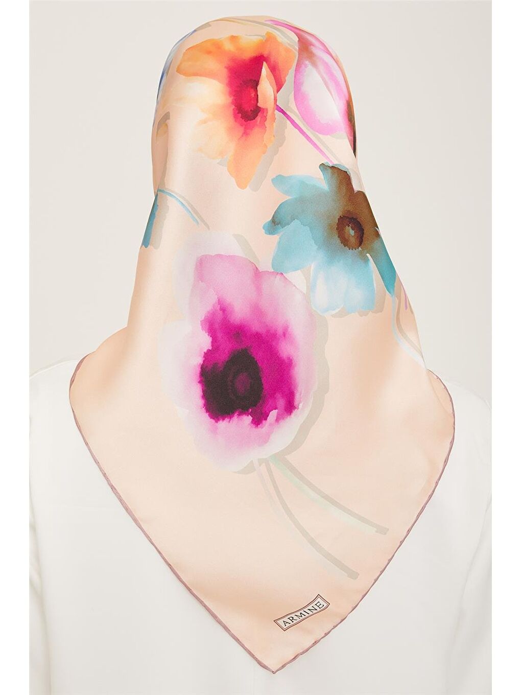 Turuncu Çiçek Desenli Twill İpek Eşarp 24Ya9105 32 31-3