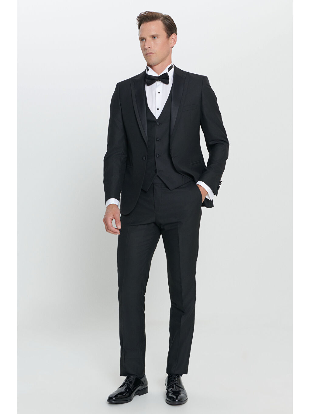 Erkek Siyah Slim Fit Dar Kesim Kırlangıç Yaka Desenli Klasik Smokin Takım-8