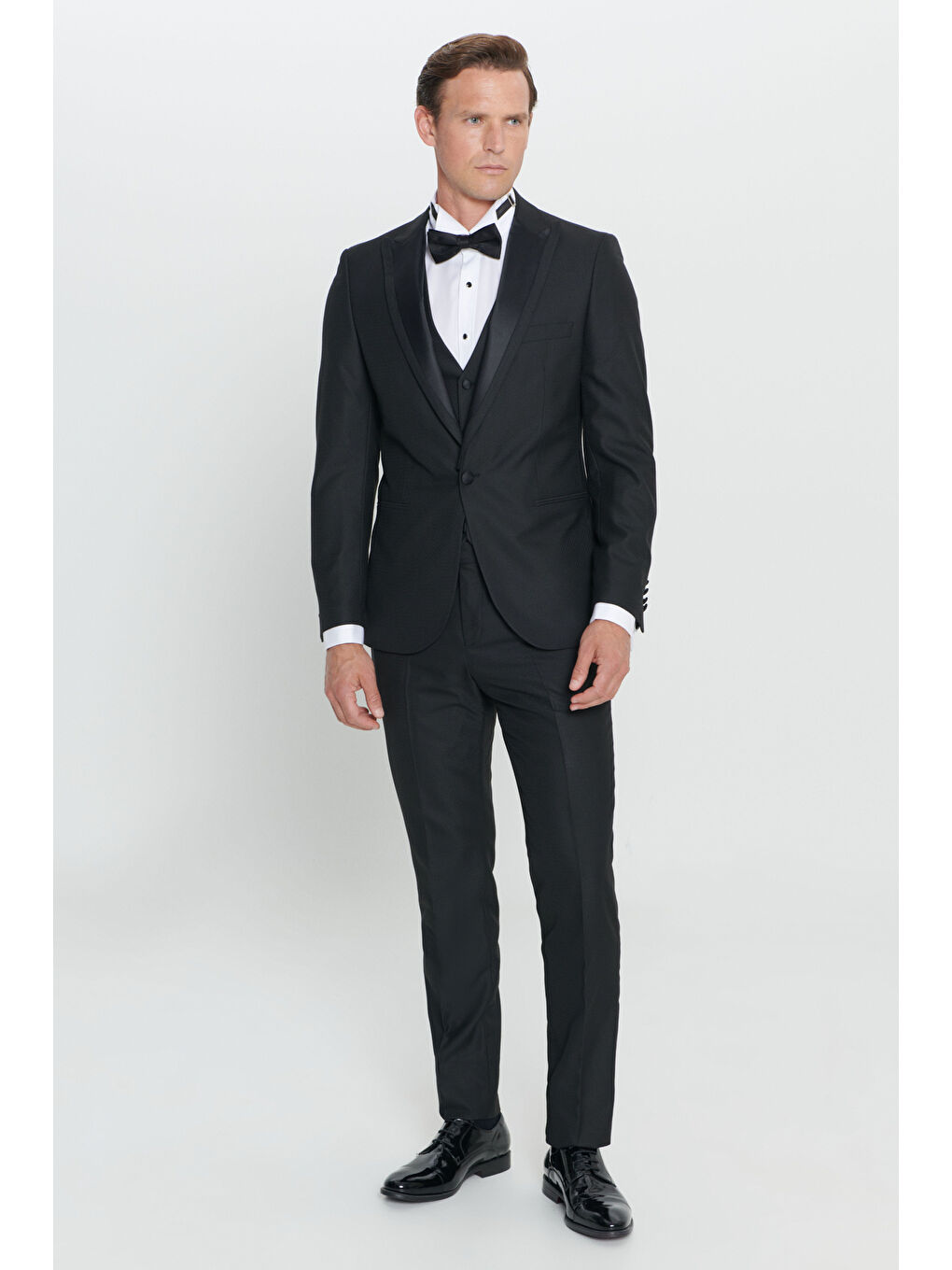 Erkek Siyah Slim Fit Dar Kesim Kırlangıç Yaka Desenli Klasik Smokin Takım-9