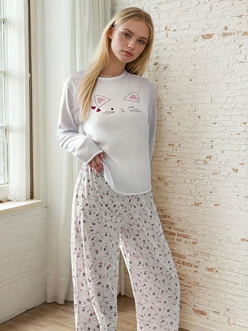 Beyaz Kedi Baskılı Uzun Kollu Pijama Takımı-1